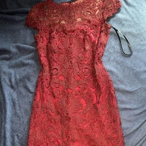 Tadashi Shoji Burgundy Floral Rose Lace Cap Sleeve Midi Dress